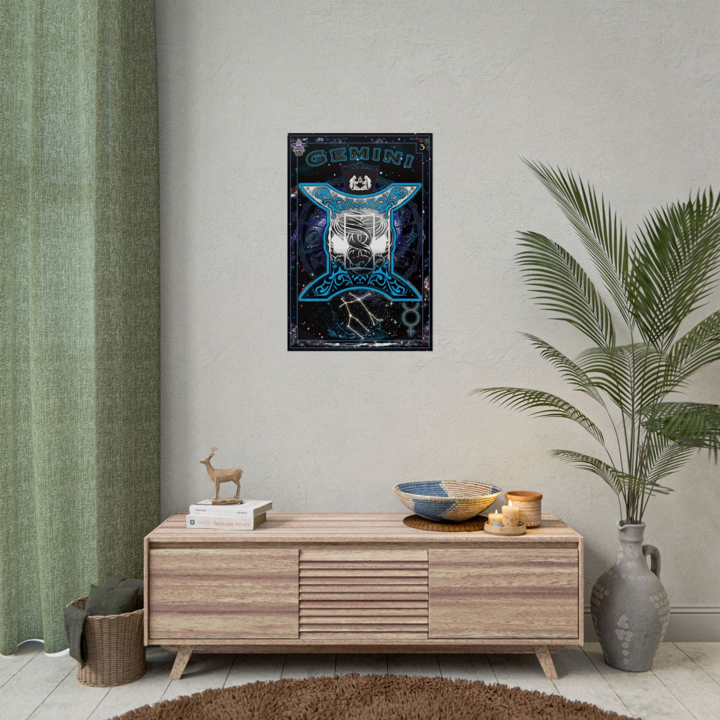 Gemini Astrology Rolled Poster - Neon Blue Mystical Universe Decor