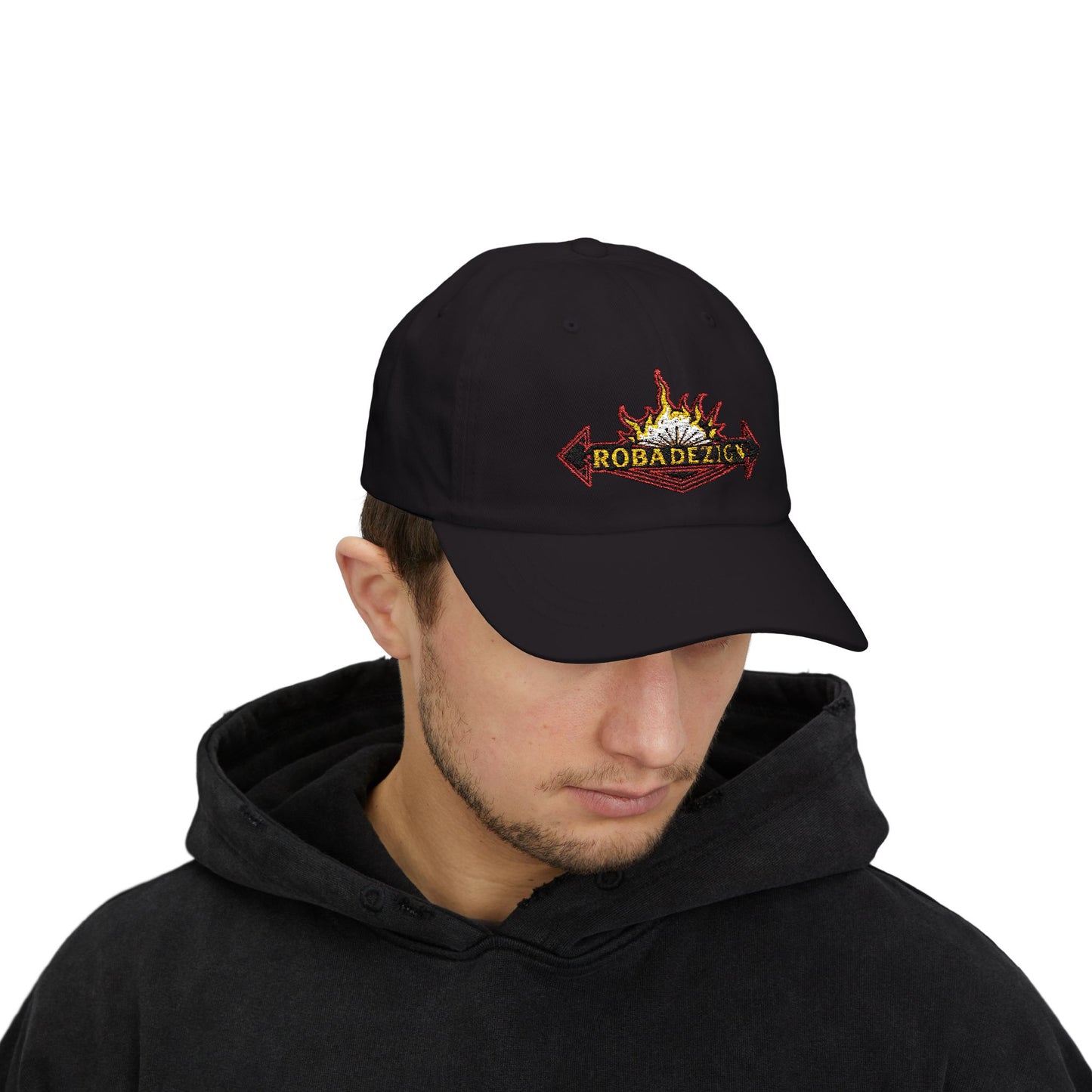 Vibrant "ROBADEZIGN" Logo Cap with Firey Design, Summer Accessory, Casual Hat, Outdoor Fun