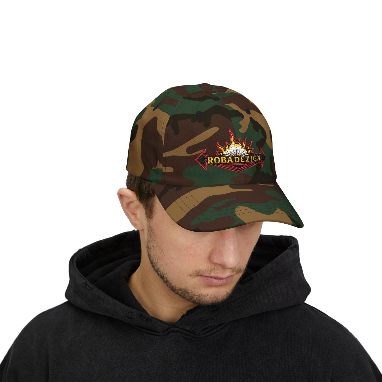 Vibrant "ROBADEZIGN" Logo Cap with Firey Design, Summer Accessory, Casual Hat, Outdoor Fun