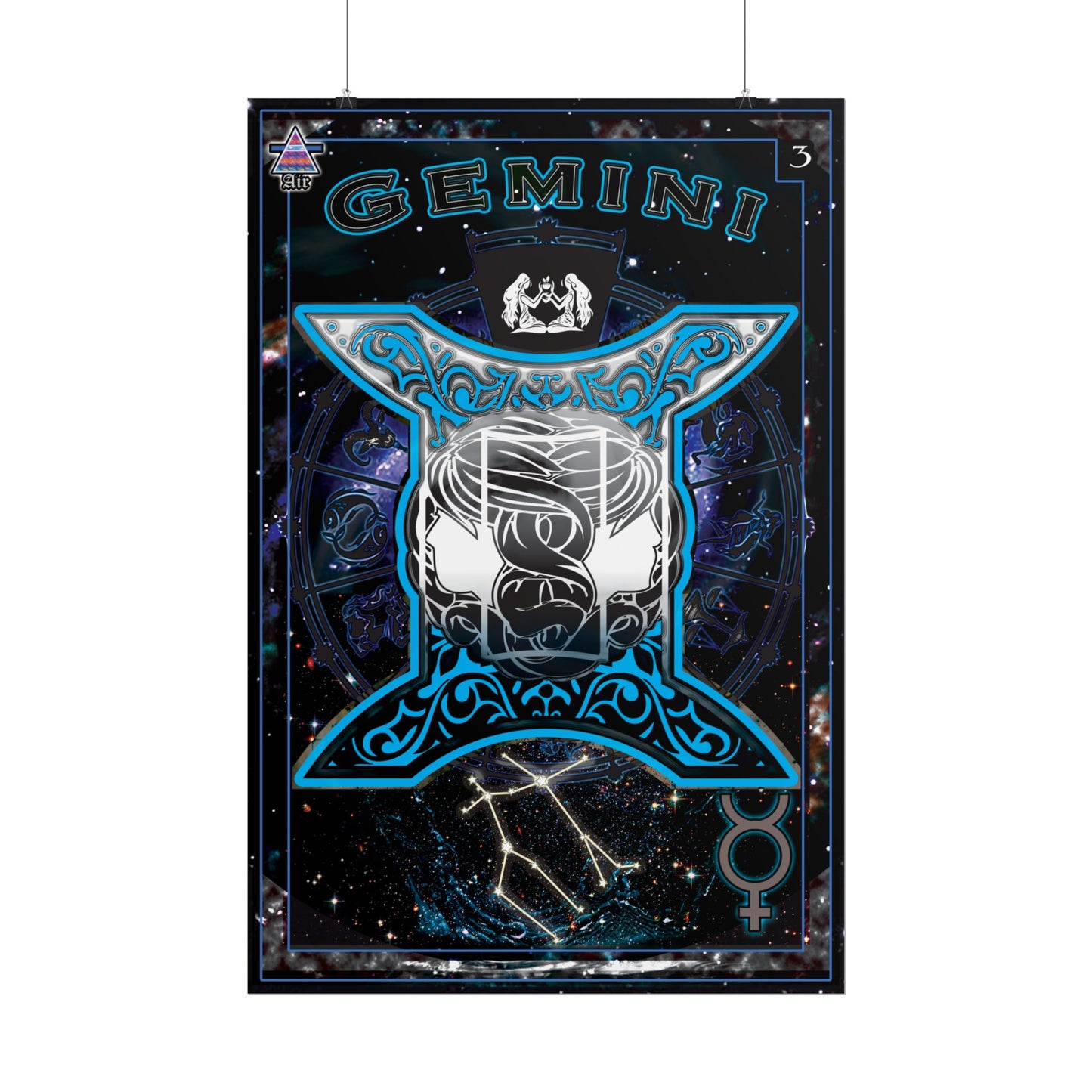 Gemini Astrology Rolled Poster - Neon Blue Mystical Universe Decor