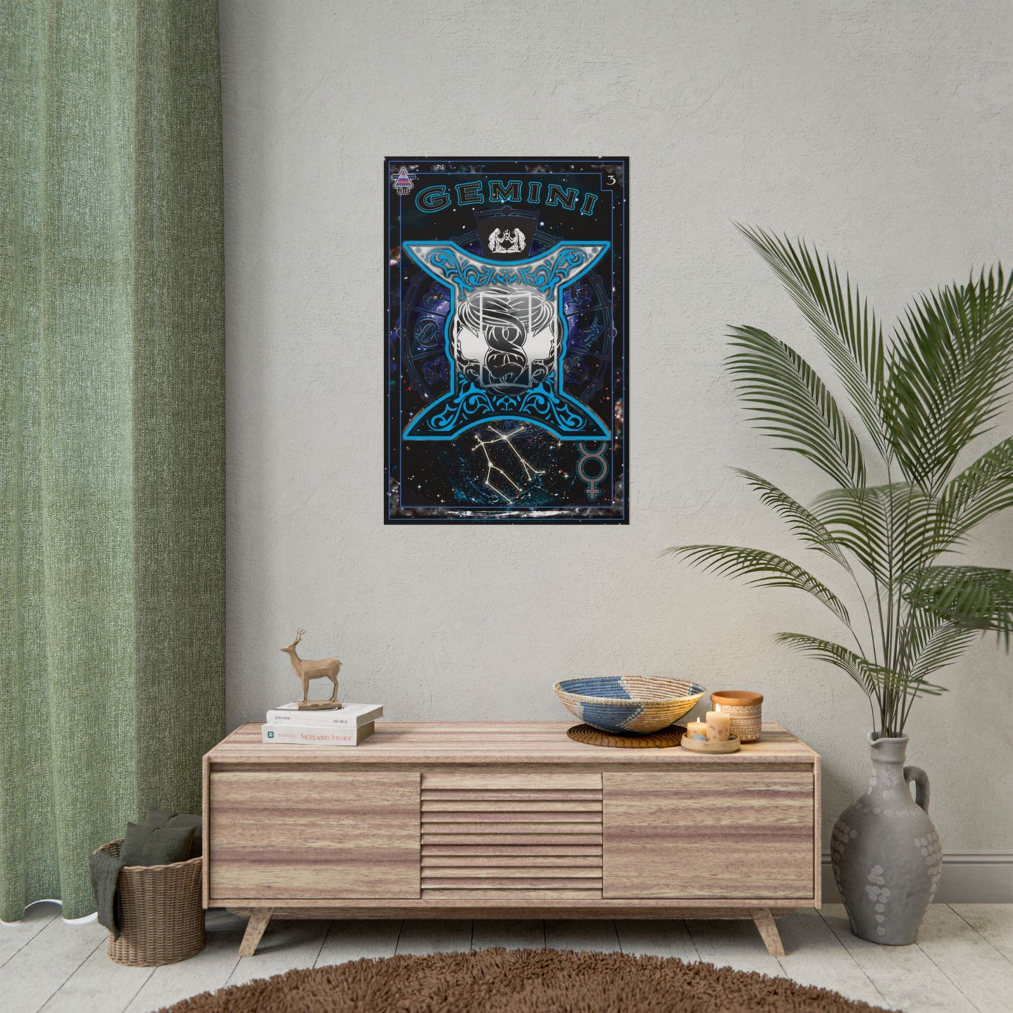 Gemini Astrology Rolled Poster - Neon Blue Mystical Universe Decor