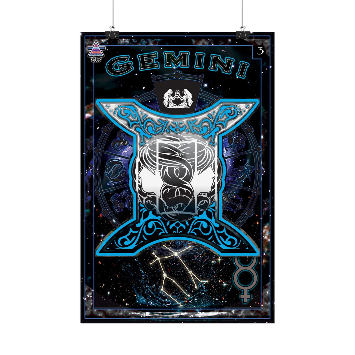 Gemini Astrology Rolled Poster - Neon Blue Mystical Universe Decor