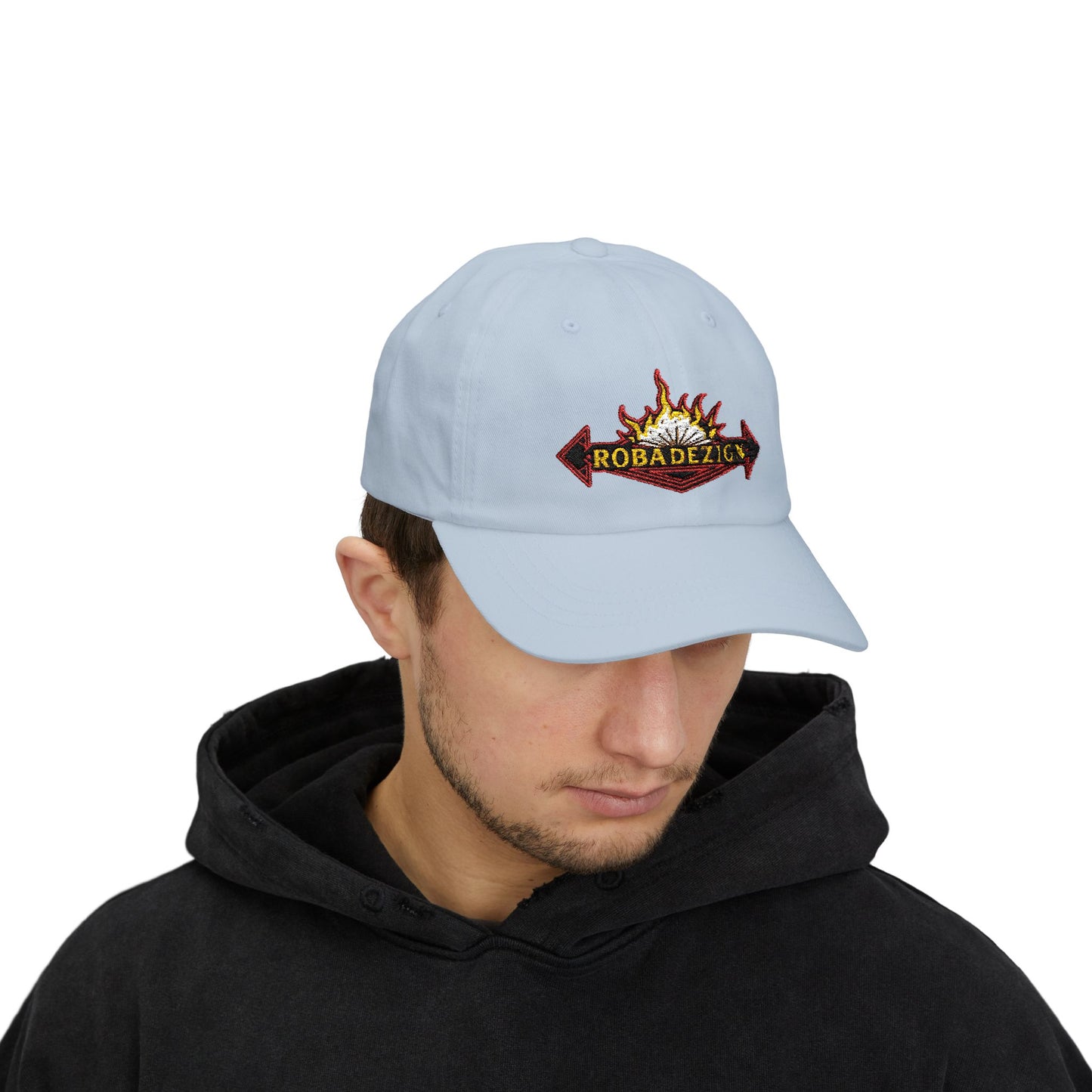 Vibrant "ROBADEZIGN" Logo Cap with Firey Design, Summer Accessory, Casual Hat, Outdoor Fun