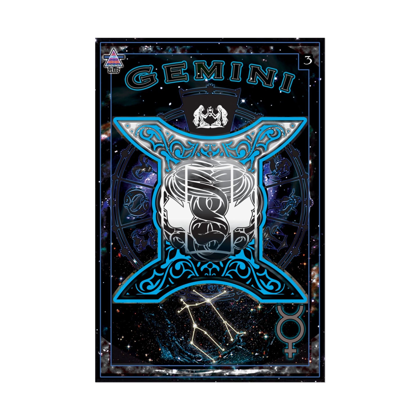 Gemini Astrology Rolled Poster - Neon Blue Mystical Universe Decor
