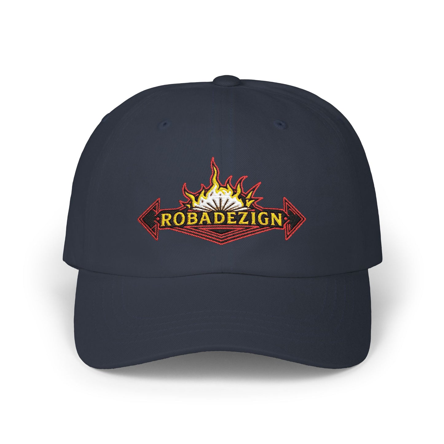 Vibrant "ROBADEZIGN" Logo Cap with Firey Design, Summer Accessory, Casual Hat, Outdoor Fun
