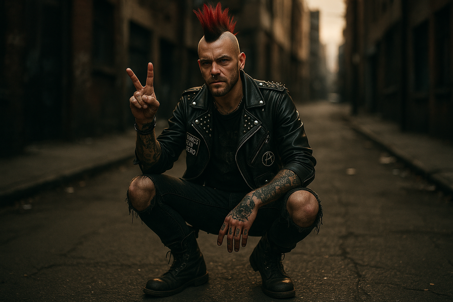 a punk rock man holding fingers out into a peace sign