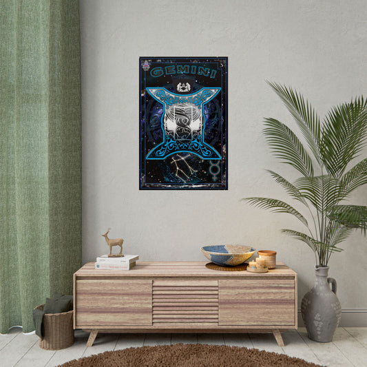 Gemini Astrology Rolled Poster - Neon Blue Mystical Universe Decor