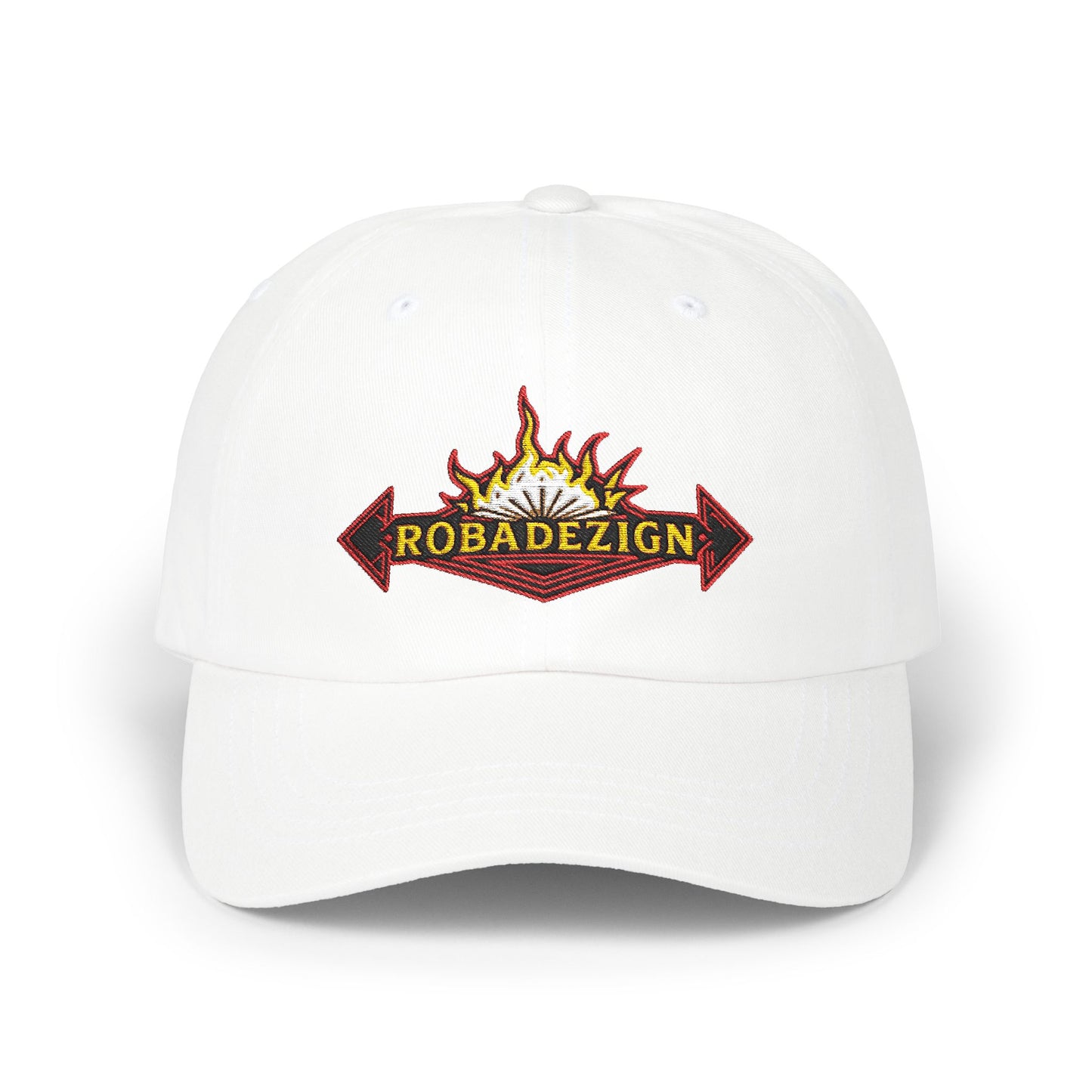 Vibrant "ROBADEZIGN" Logo Cap with Firey Design, Summer Accessory, Casual Hat, Outdoor Fun