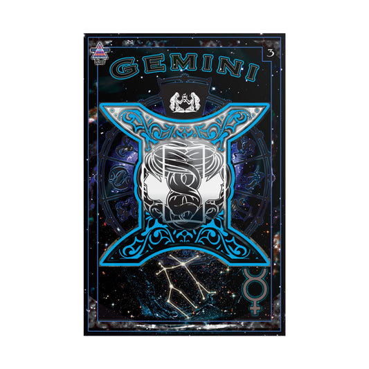 Gemini Astrology Rolled Poster - Neon Blue Mystical Universe Decor