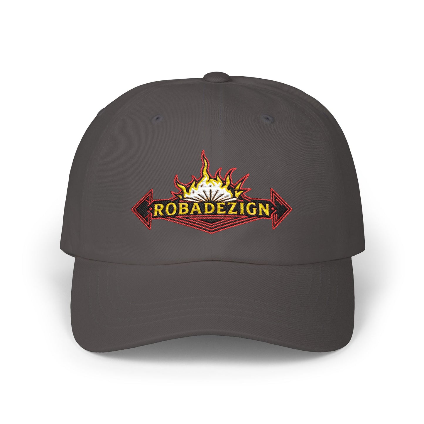 Vibrant "ROBADEZIGN" Logo Cap with Firey Design, Summer Accessory, Casual Hat, Outdoor Fun
