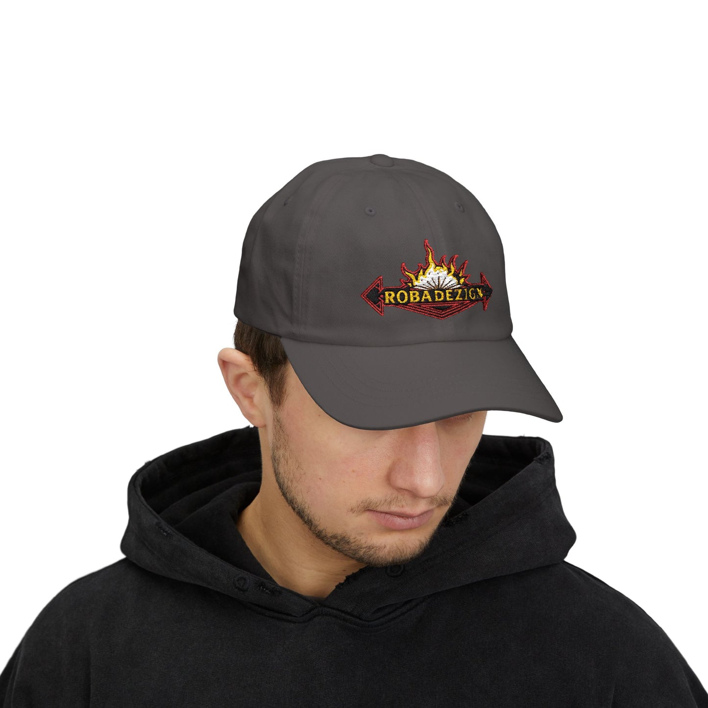 Vibrant "ROBADEZIGN" Logo Cap with Firey Design, Summer Accessory, Casual Hat, Outdoor Fun