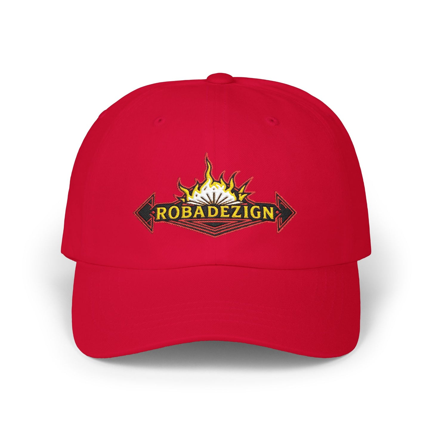Vibrant "ROBADEZIGN" Logo Cap with Firey Design, Summer Accessory, Casual Hat, Outdoor Fun