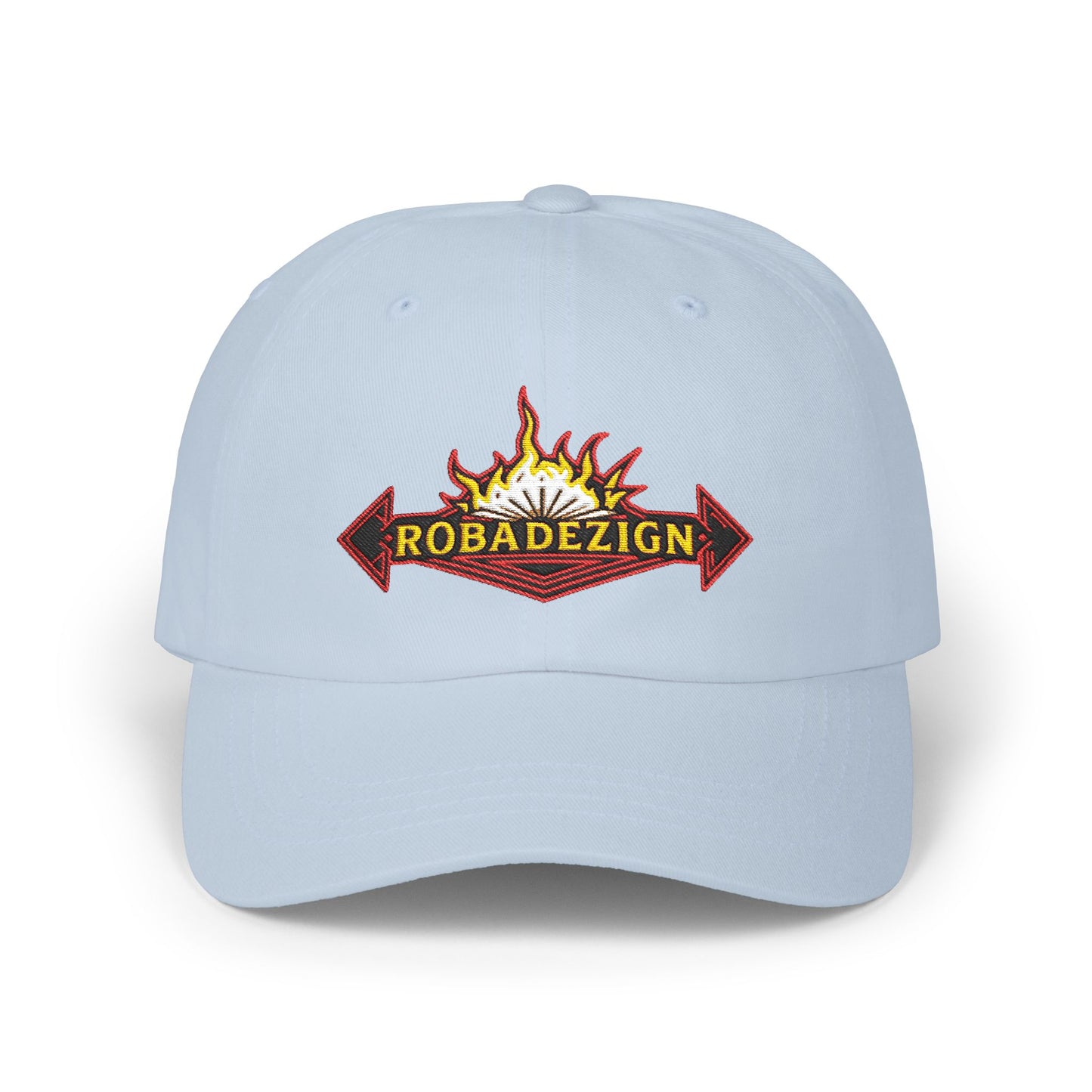 Vibrant "ROBADEZIGN" Logo Cap with Firey Design, Summer Accessory, Casual Hat, Outdoor Fun