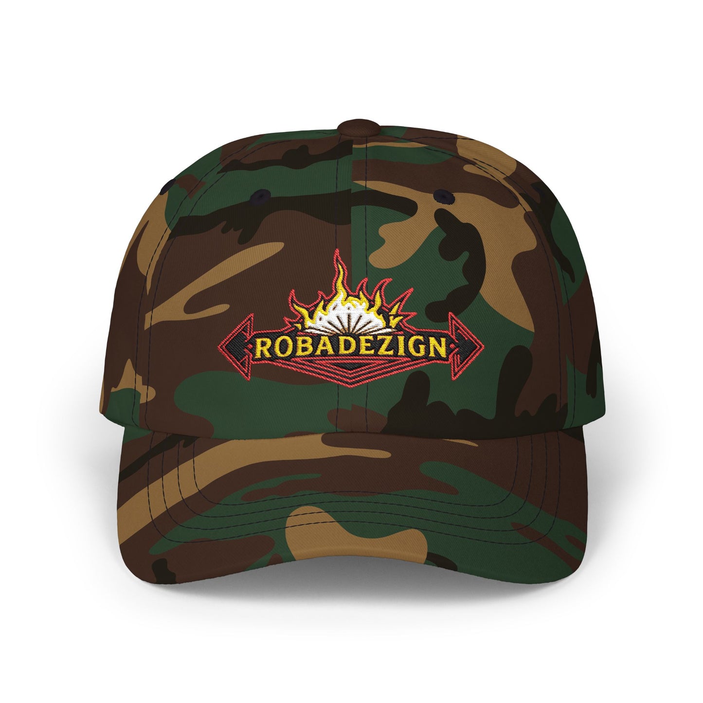 Vibrant "ROBADEZIGN" Logo Cap with Firey Design, Summer Accessory, Casual Hat, Outdoor Fun