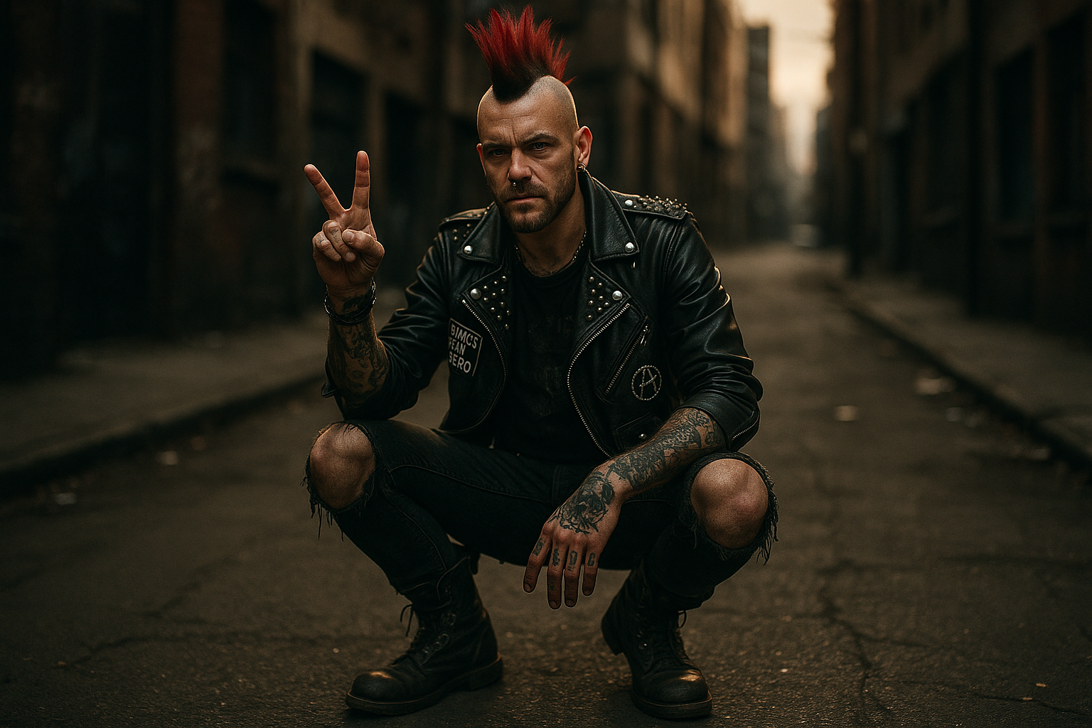 a punk rock man holding fingers out into a peace sign
